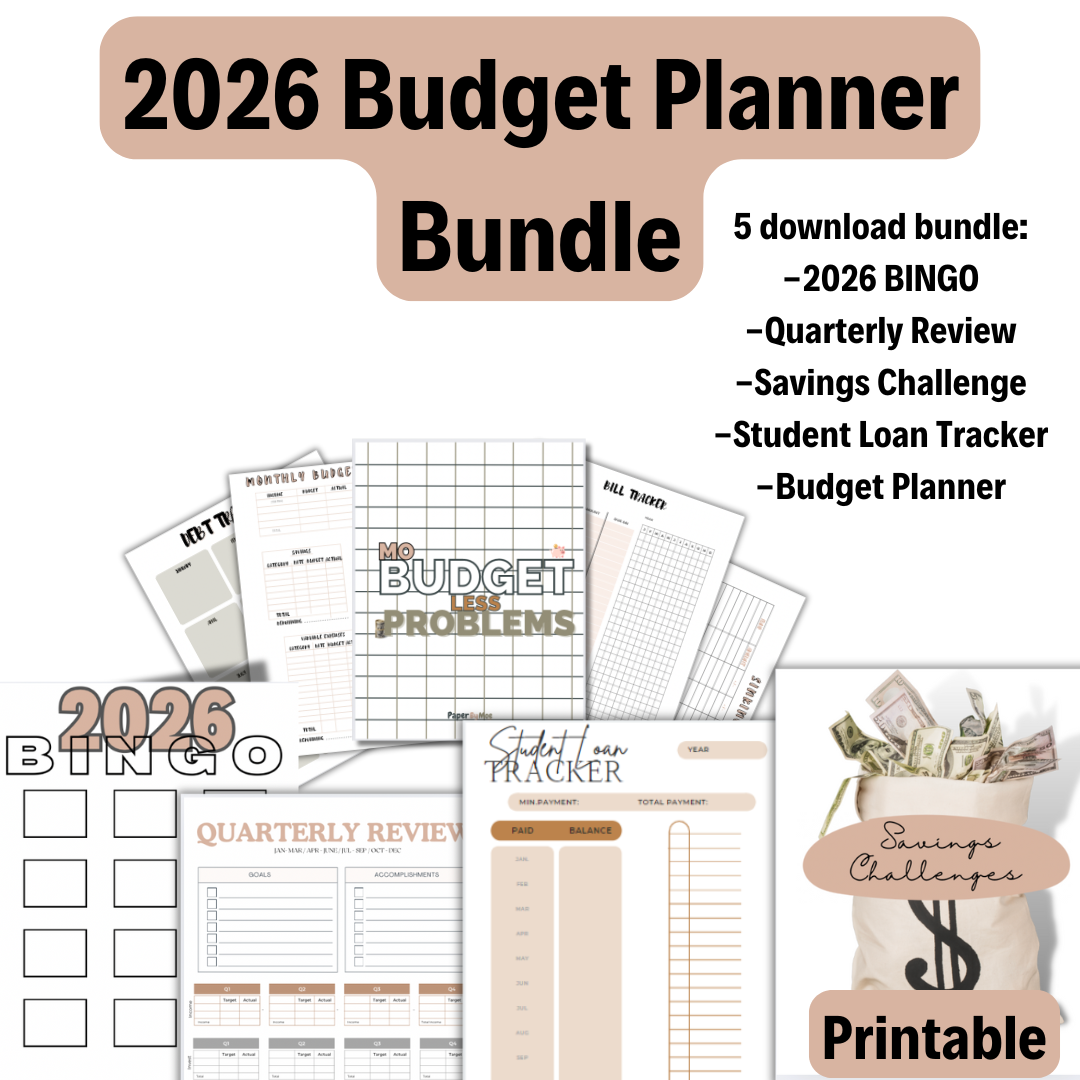 2026 Budget Planner Bundle | Savings Challenge, 2026 Bingo, Quarterly Financial Planner, Student Loan Tracker, & Budget Planner (Printable PDF)