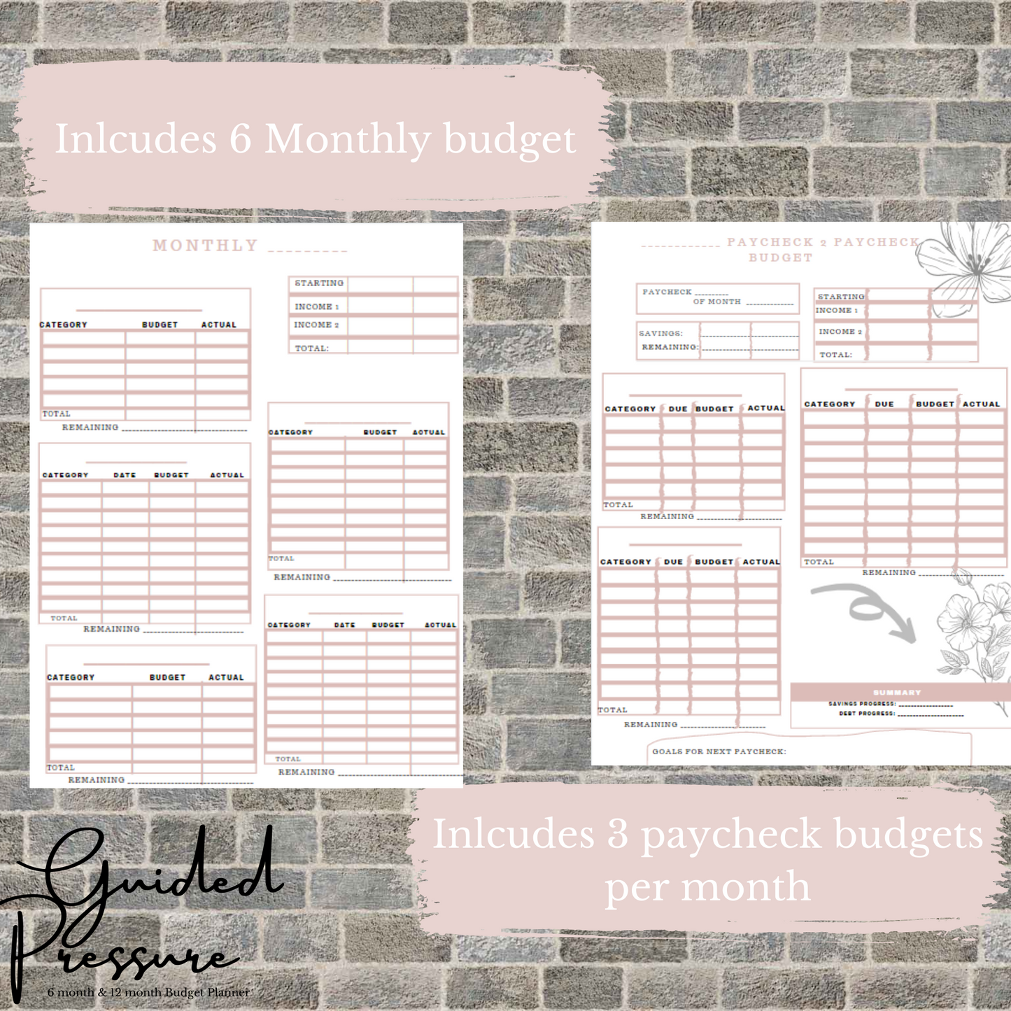 6 Month Pink Paycheck To Paycheck Digital Budget Planner Printable 8.5x11