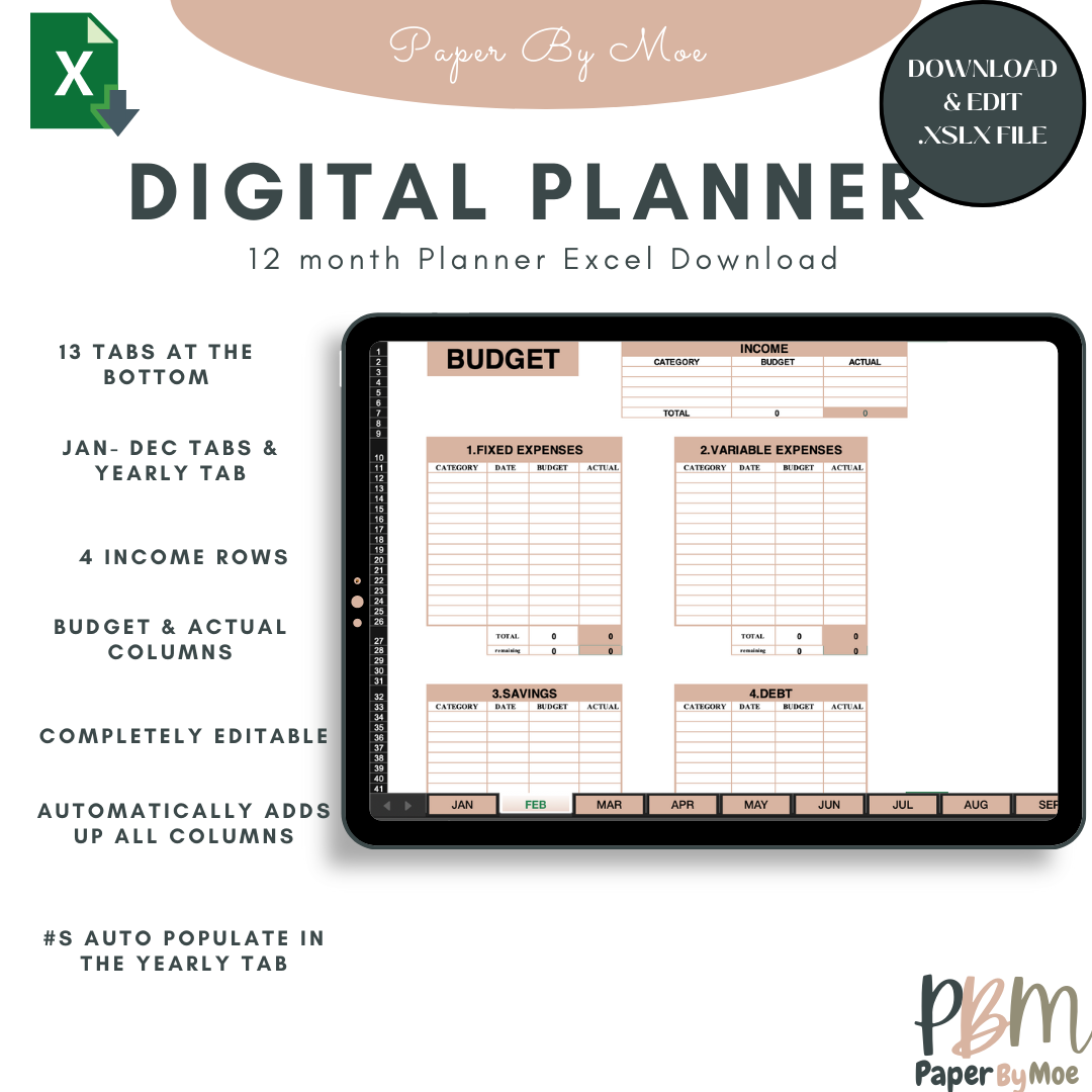 Excel One Year Monthly Budget Planner - Digital & Editable