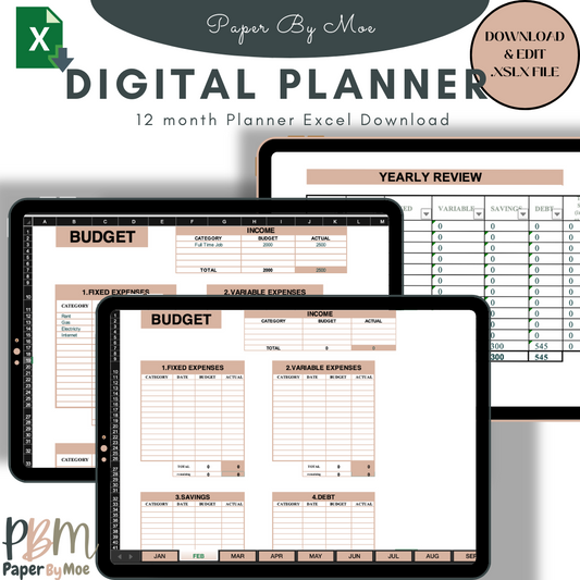 Excel One Year Monthly Budget Planner - Digital & Editable