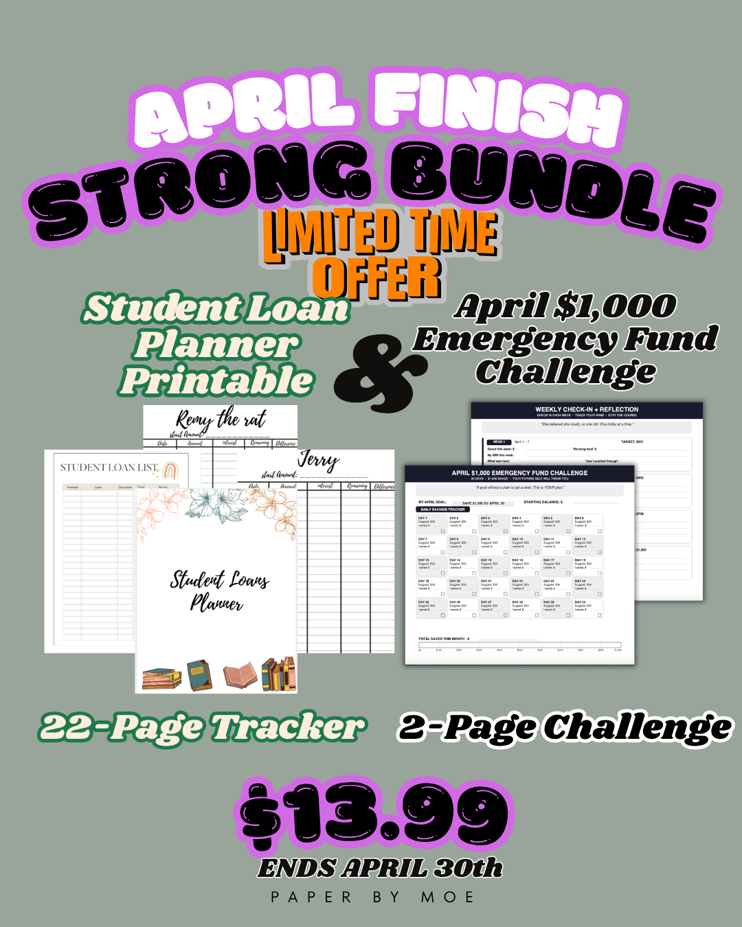 April Finish Strong Bundle | $1,000 Emergency Fund Challenge Tracker + Student Loan Planner Printable | Save $3.99 | Instant Download