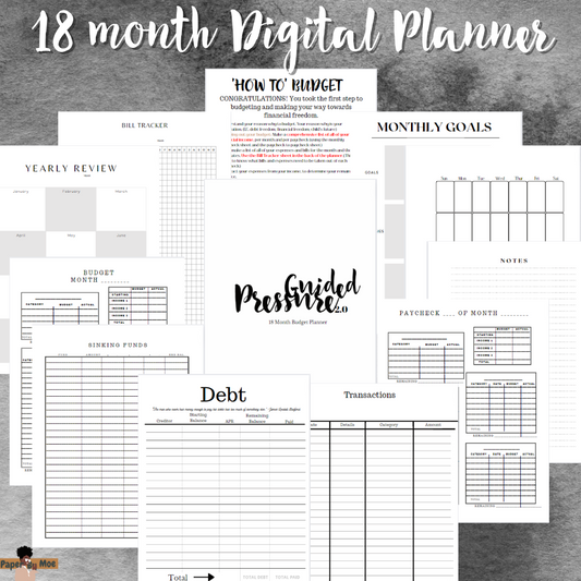 18 Month Digital Budget Planner | Black & White | Printable