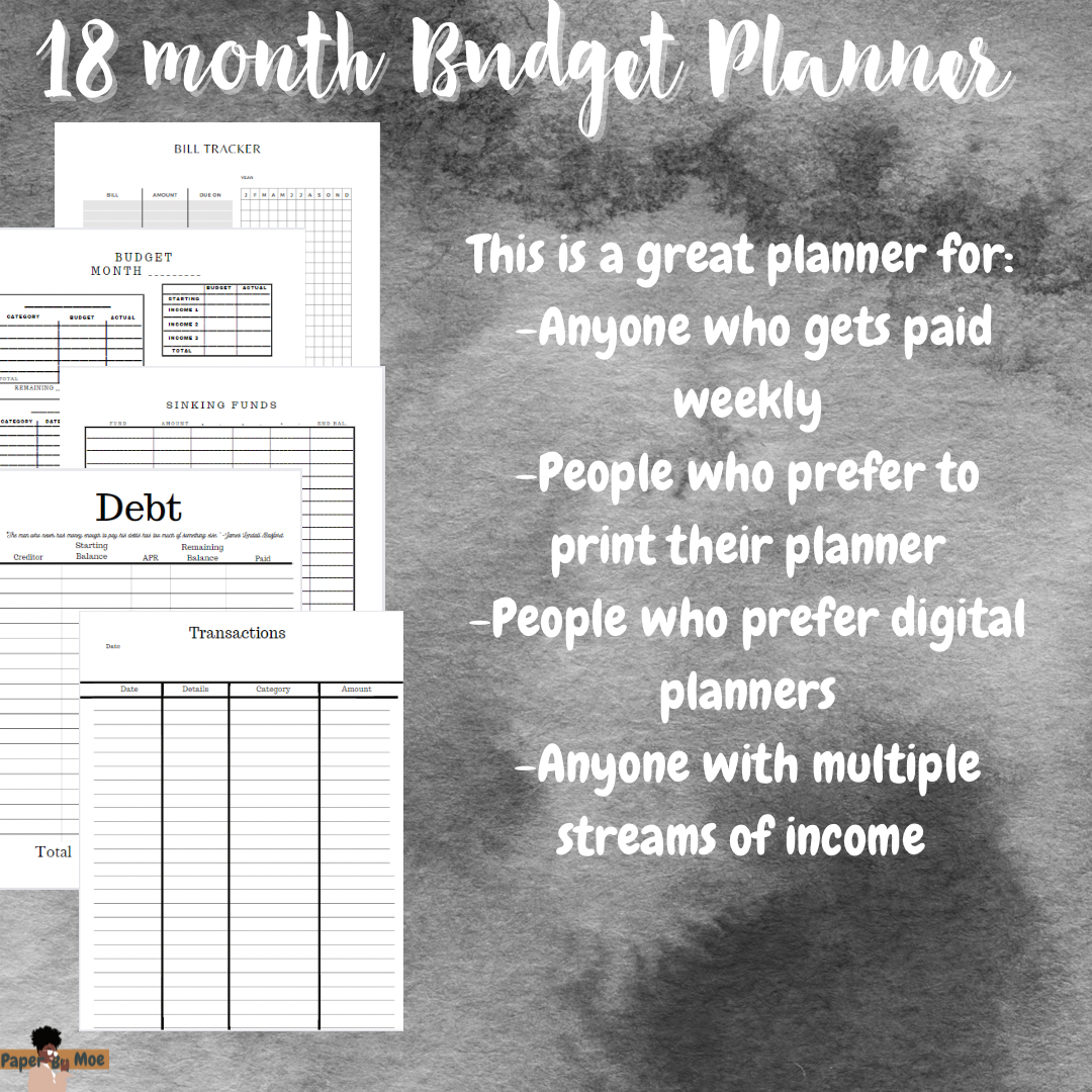 18 Month Digital Budget Planner | Black & White | Printable
